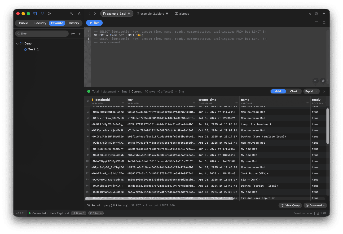 Dblore SQL editor with a SELECT query, the results grid and the favorites sidebar