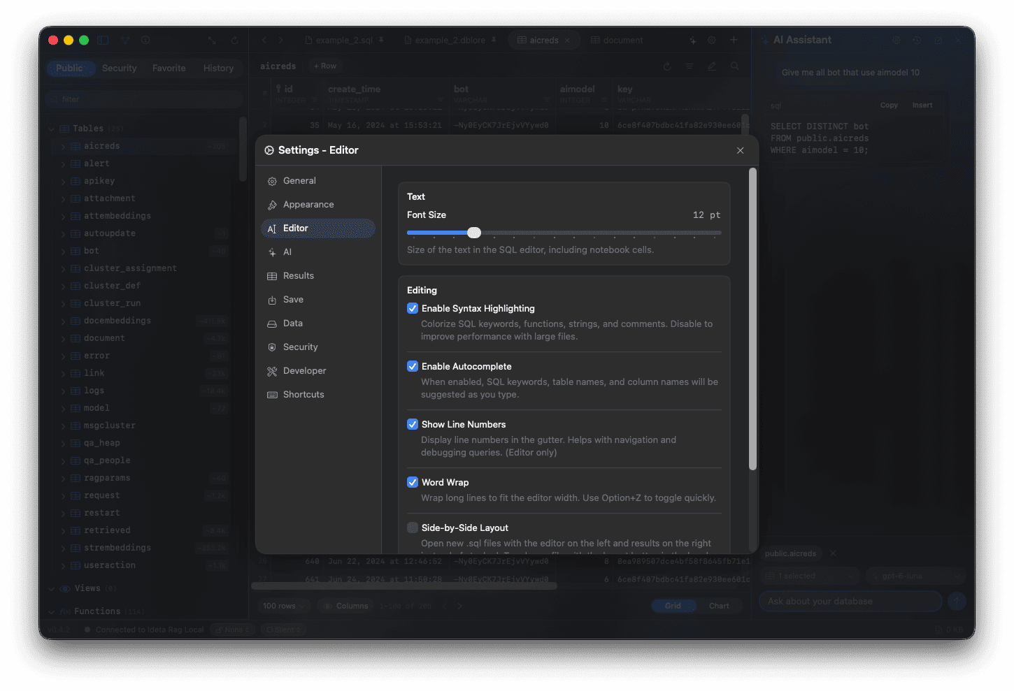 Dblore settings window showing editor options over the main window